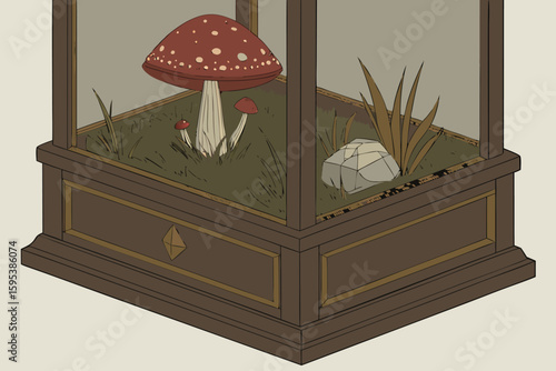  close up, wooden cabinet, glass display case, red mushroom creature, crystalline growth, steam, magical, surreal, cinematic lighting, 8k, highly detailed, photorealistic