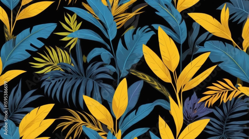 Botanical seamless tropical pattern with bright yellow and blue plants and leaves on a black background Jungle leaf seamless vector floral pattern background ai generate