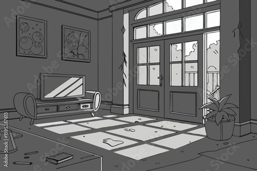  dark elegant living room, shattered glass, debris scattered, minimalist furniture, dramatic lighting, post-apocalyptic scene, moody, cinematic, realistic