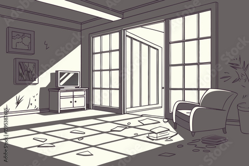  dark elegant living room, shattered glass, debris scattered, minimalist furniture, dramatic lighting, post-apocalyptic scene, moody, cinematic, realistic