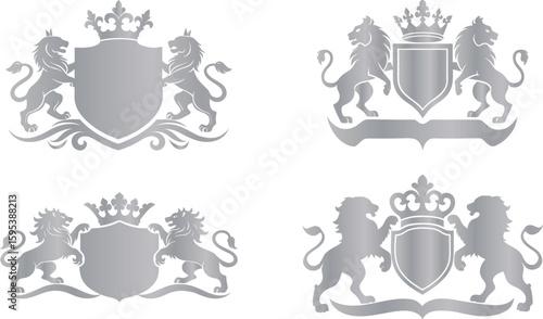Four silver heraldic lion crests with shields and crowns