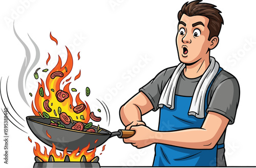 A surprised man cooks, his wok ablaze with food.