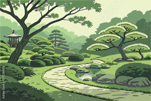  A lush, tranquil Japanese garden with winding paths, carefully manicured bonsai trees, and serene ponds surrounded by verdant foliage, digital art, cinematic lighting, intricate details, hyper-reali