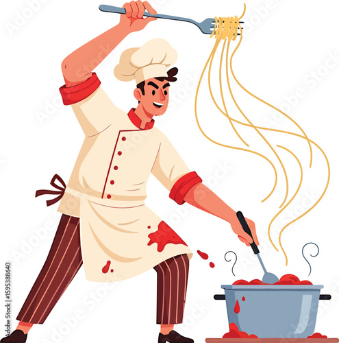 Chef vigorously tossing spaghetti over a pot of red sauce.