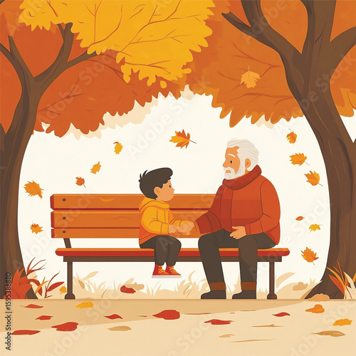 Grandfather and boy holding hands on park bench in autumn illustration. Vector illustration