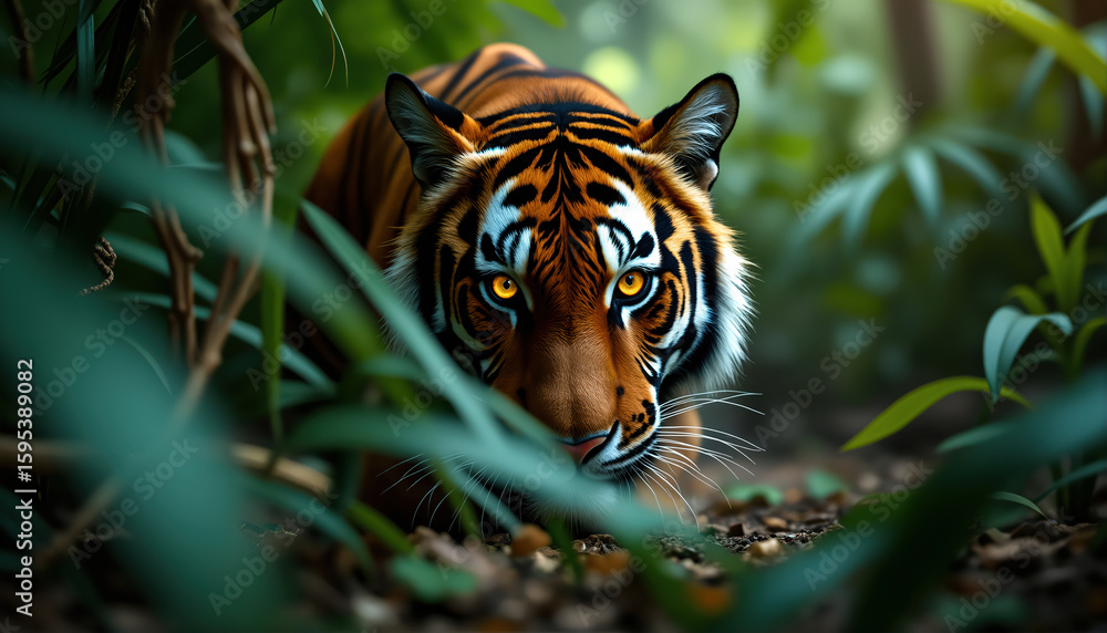 Fototapeta premium Close-up of tiger’s amber eyes and stripes hidden in green rainforest cover.