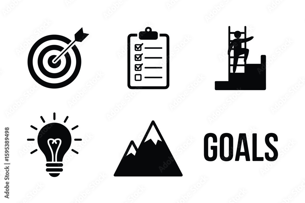 Obraz premium Target checklist climbing person lightbulb mountains and goals text dart bullseye