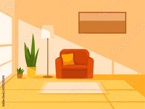 Cozy Living Room Interior with Armchair Floor Lamp and Plants in Warm Tones Relaxation and Comfort at Home