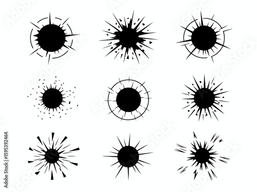 Cracked glass design set with broken effect for graphic design use vector illustration in black and white showing damage