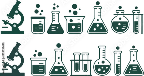 Science Lab Equipment Icons Microscopes, Flasks, and Test Tubes Illustration