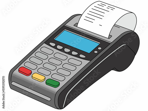 Point of sale terminal with receipt representing business transaction and electronic payment solution in retail environment and finance sector