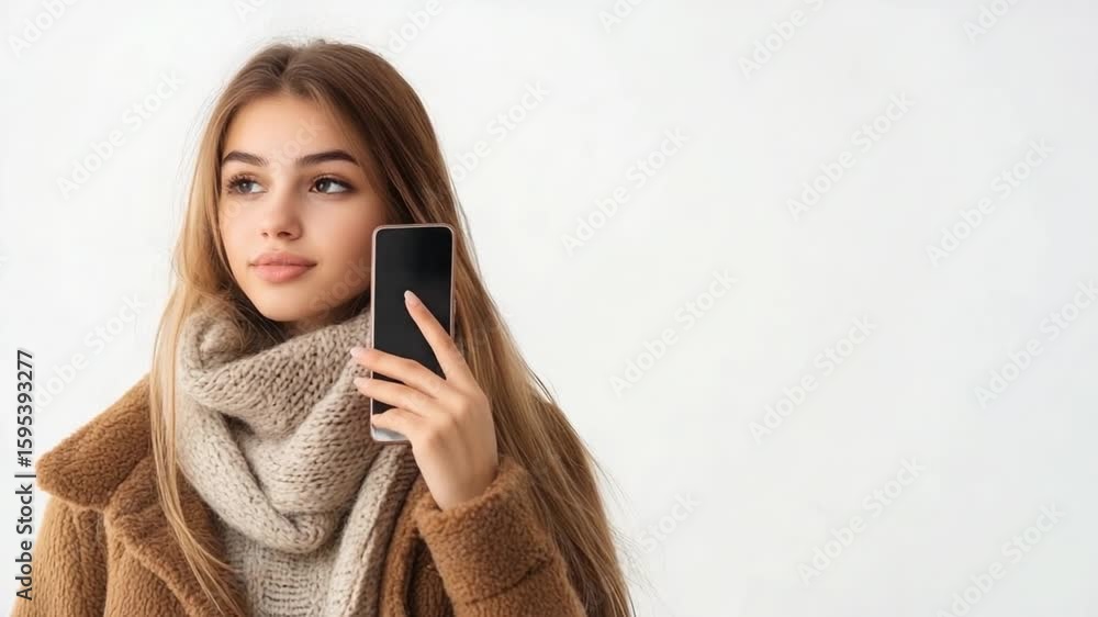 Modern Connection: A young woman, draped in a stylish scarf and coat ...