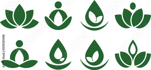 Green Lotus Flower and Yoga Wellness Logo Set