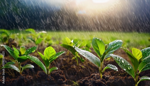 green plants growing in a field under heavy rain water droplets are visible