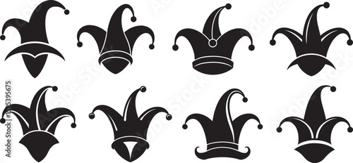 set of jester hat silhouette, black and white silhouette, vector and illustration