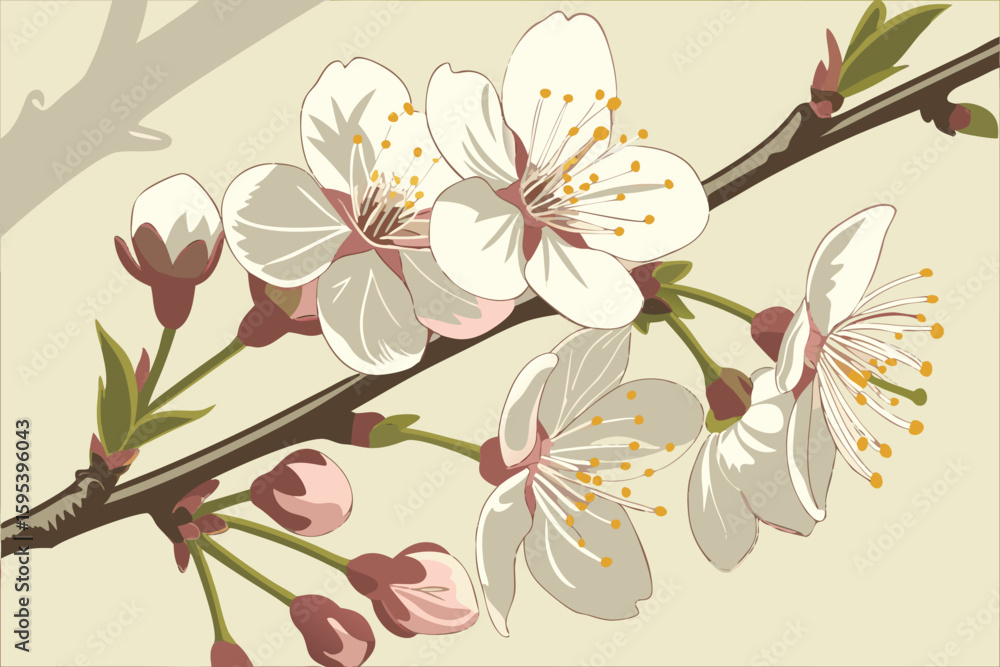 Fototapeta premium close up, delicate white cherry blossom flowers blooming on a branch, natural lighting, soft focus background, vibrant, detailed, high resolution, hyper realistic
