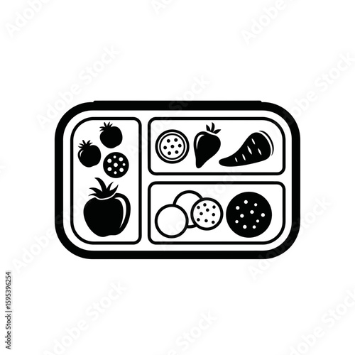 Healthy food tray with vegetables and fruits in a black outline  