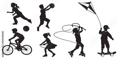 Vector Silhouettes of Kids Playing, Diverse Children in Outdoor and Indoor Activities
