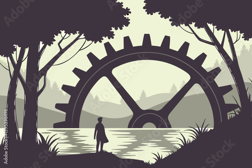  A massive mechanical gear arch rising from a serene, misty lake, a lone figure silhouetted against the backdrop, digital art, cinematic, dramatic lighting, moody, dark fantasy, 4k