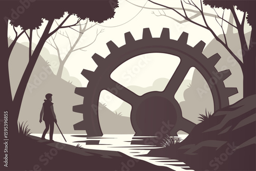 A massive mechanical gear arch rising from a serene, misty lake, a lone figure silhouetted against the backdrop, digital art, cinematic, dramatic lighting, moody, dark fantasy, 4k
