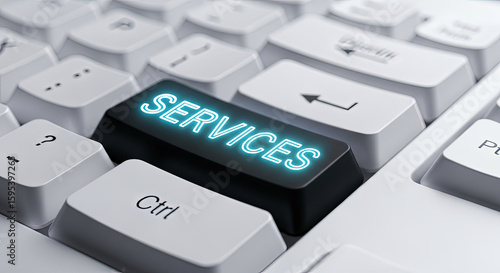 Online Services Concept: Close-up of Keyboard with Illuminated 'Services' Key. Ideal for Business, Technology, Support, and Digital Solutions