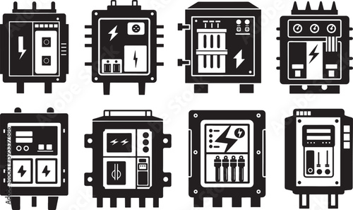 set of electric circuit breaker panel silhouette, black and white silhouette, vector and illustration