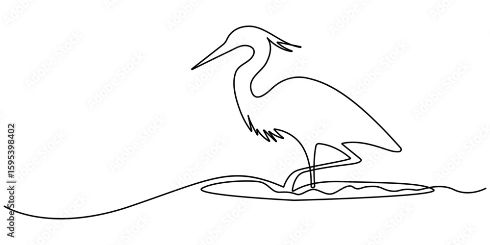 Obraz premium Continuous line drawing of stork. Heron single continuous one line drawing. Vector illustration, heron, egret flapping its wings, side view. birds with continuous one line drawing. Editable stroke. 