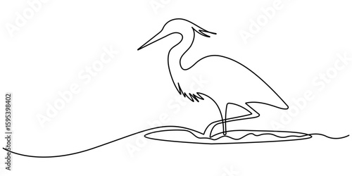 Continuous line drawing of stork. Heron single continuous one line drawing. Vector illustration, heron, egret flapping its wings, side view. birds with continuous one line drawing. Editable stroke. 