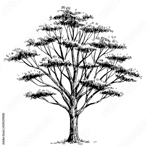Majestic Tree in Monochrome: A detailed illustration of a towering tree stands against a clean backdrop.
