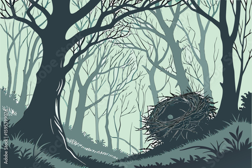  mystic forest overgrown massive nest-like structure, natural architecture, ethereal, surreal, dark moody lighting, mist and fog, detailed textures, hyper realistic