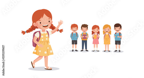  Minimalist student greeting classmates in pastels  
