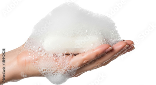 A person holding a soap bar covered in white foam bubbles in their hand on a black background image