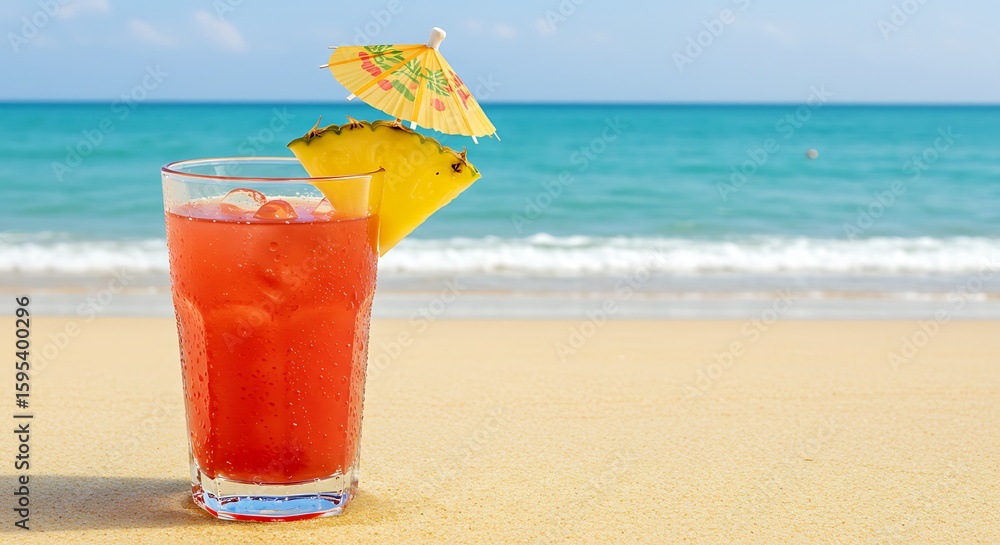 Obraz premium Beach Bliss Refreshing Tropical Drink with Pineapple Garnish on Sandy Shore 