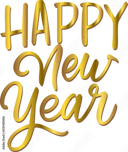 A golden "Happy New Year" text design with a shiny metallic effect and elegant mixed fonts on a white background.