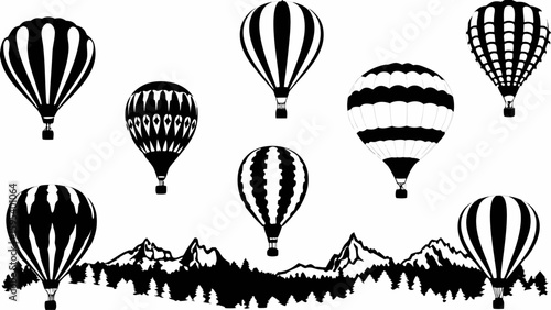 Black and white illustration of several hot air balloons floating above a mountain range scenery view