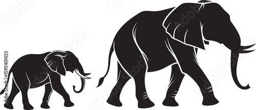 Elephant Silhouette: A majestic elephant silhouette strides confidently alongside a smaller elephant, evoking a sense of guidance and nurturing.Black silhouette illustration of a  in a wild anima