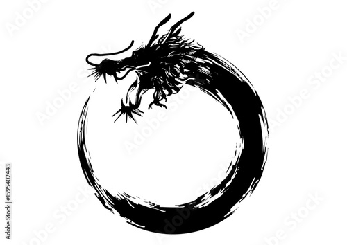 Dragon Silhouette in Zen Circle – Japanese Ink Art