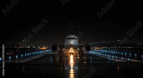 Airplane on runway at night with lights reflecting on the wet surface and dark sky above the plane