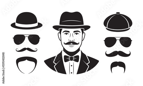 Black silhouette gentleman portrait with hats sunglasses mustaches and bow tie white