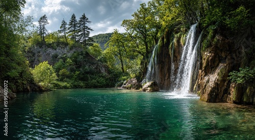 A majestic waterfall nestled between cliffs and lush vegetation. Enchanting and breathtaking scenery. The water is crystal-clear, capturing the beauty of nature.