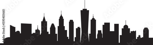 Black silhouette of a diverse city skyline with varied building heights black and white