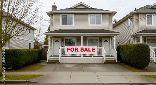 Duplex house with a for sale sign on the porch in a suburban neighborhood on a cloudy day outside view