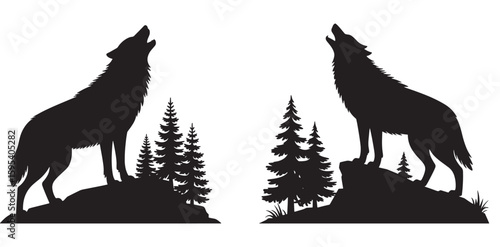 Black silhouette of two wolves howling at the moon with pine trees wolf white