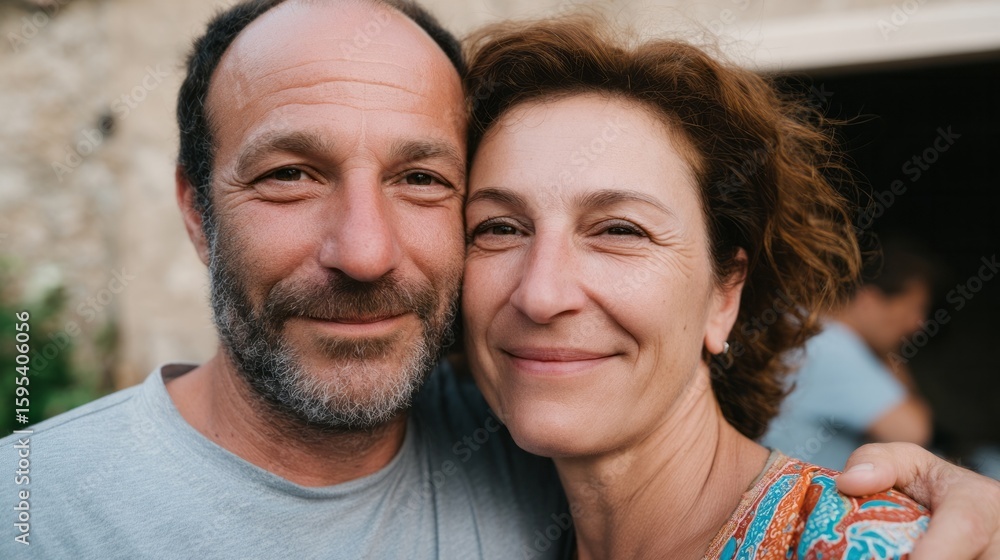Fototapeta premium Smiling Caucasian couple exudes warmth, capturing essence of Golden Jubilee and World Kindness Day in rustic serenity