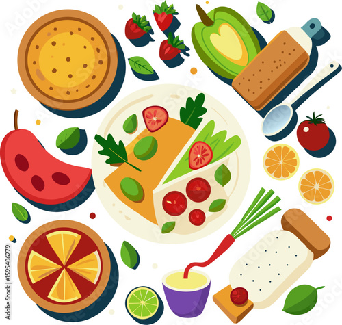 flat lay of tortillas, meats, veggies, and sauces
