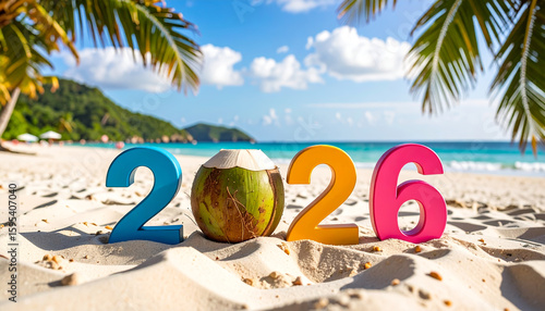 New Year 2026 Creative Design Concept on beach with Tender coconut
