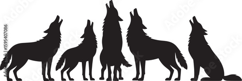 Five black wolf silhouettes howling together on white background wolves animal