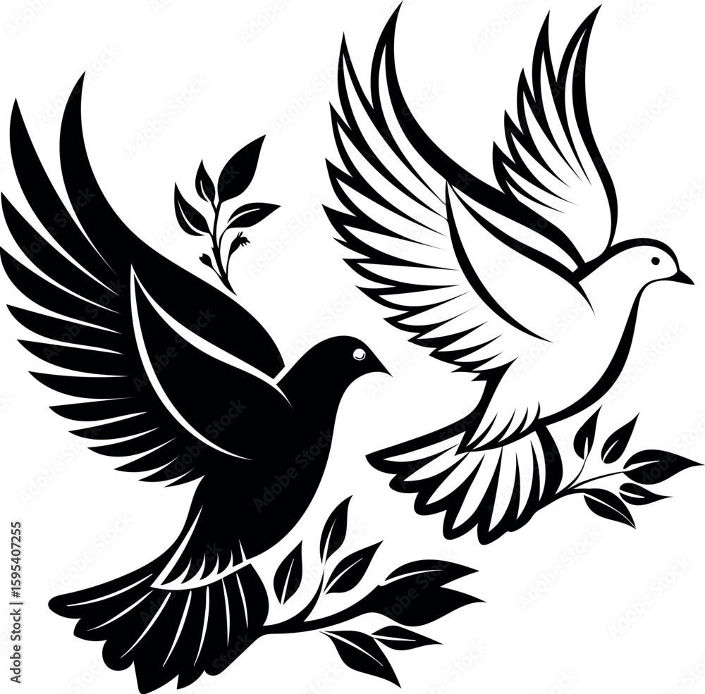 Fototapeta premium Two doves flying with olive branches isolated on white background