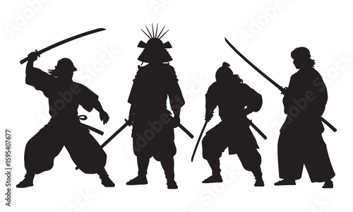 Four black silhouette samurai warriors with swords in fighting stances japan japanese