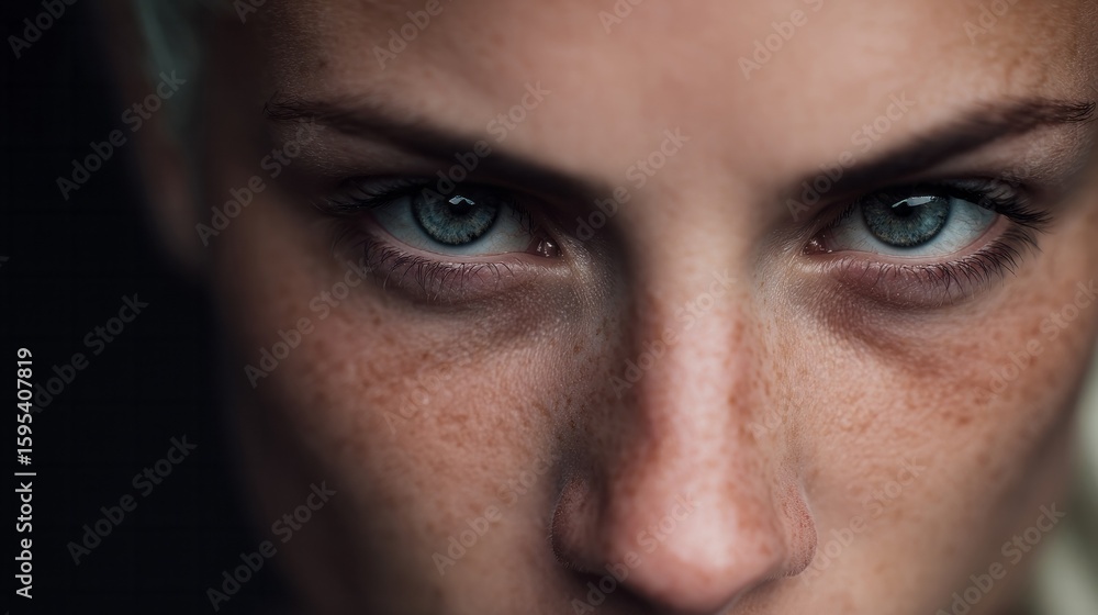 Naklejka premium Intense gaze of a freckled, fair-skinned woman; enigmatic allure for Samhain reflections or Scandinavian Midsummer introspections